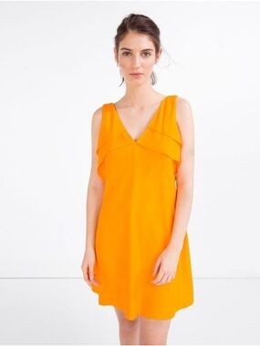 Zara Orange V-Neck Mini Dress Size M Back Zip Detail Flowy Summer Dress